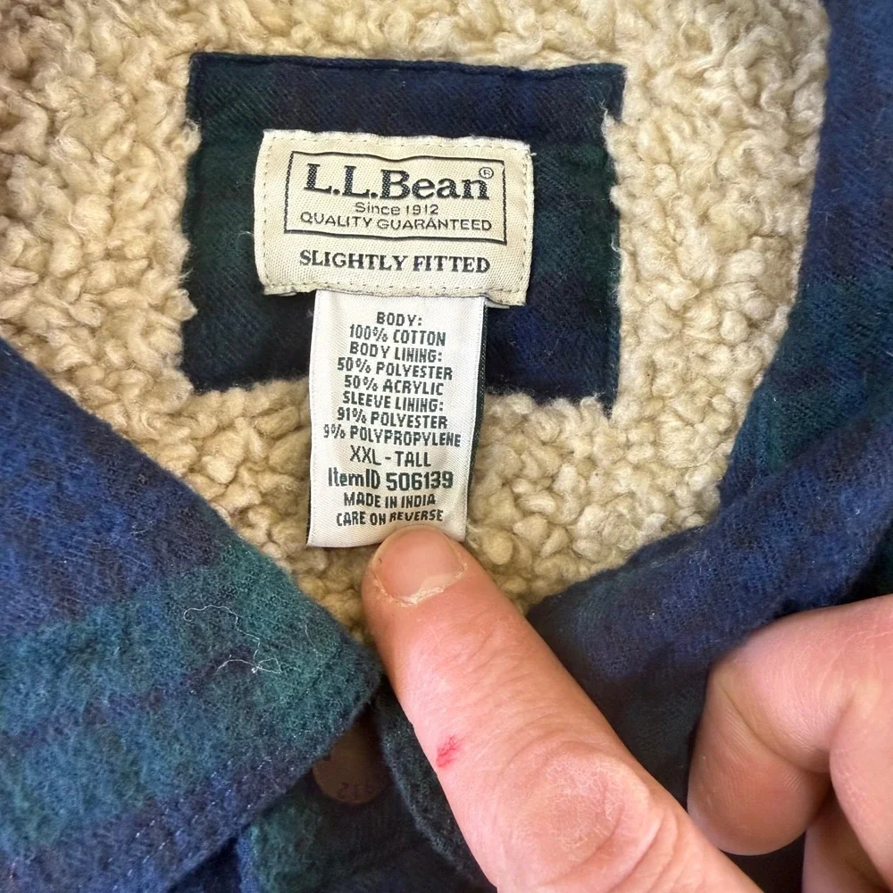 LLBean Plaid‎ Sherpa Lined Flannel Shirt Jacket Men's XXL Tall Blue Green WOW!!!
